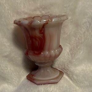 Akro Agate 764 Urn Toothpick Holder Slag Glass Tie Dye Look Orange Swirl White